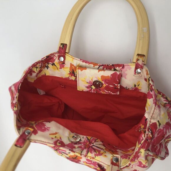 Old Navy Hobo Purse Canvas Floral Handbag Summer Wood Handle Floral Cottage - Picture 6 of 11